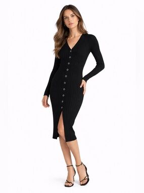 Dion Lee Wool Cardigan Dress Black 8 Ribbed Knit Bodycon Midi Stretch V-Neck